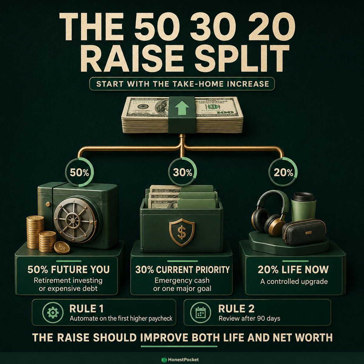 HonestPocketHQ's tweet photo. A practical raise split starts with the take-home increase: 50% future, 30% one current priority, 20% life now. Expensive debt or low cash may need more. #HonestPocket #PayRaise #MoneyPlan #WealthBuilding #PersonalFinance https://t.co/iifUyvBXtH