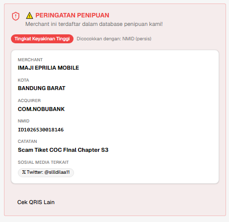 lapor1p's tweet photo. @chickenmaayoo @AnggunAFTEbi ✅ QRIS dan userID akun X pelaku sudah ditambahkan ke database kami https://t.co/U59GlJoZrr