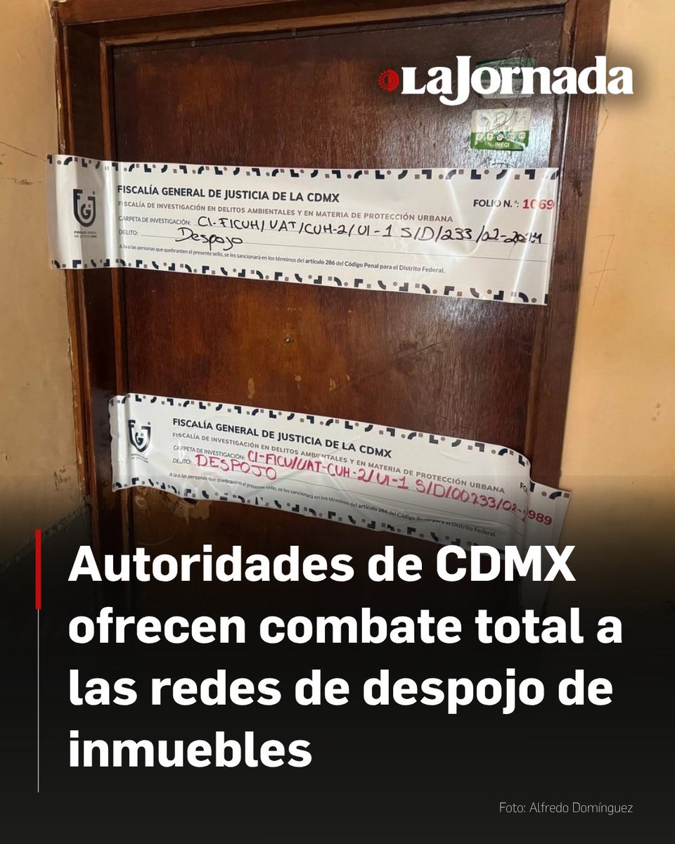 lajornadaonline's tweet photo. Tras una reunión con vecinos y víctimas de despojo de seis alcaldías, autoridades capitalinas se comprometieron a restituir los inmuebles, la revisión de por lo menos 61 nuevos casos que fueron registrados este miércoles y la desarticulación de redes que cometen este delito en la ciudad.

Luego de cuatro horas de reunión en la jefatura de la Policía de Investigación, las víctimas también pidieron la restructuración del gabinete contra el despojo, el cual, denunciaron, no ha dado resultados a un año de su implementación; asimismo, pidieron la incorporación a dicha instancia de la Secretaría de Seguridad Ciudadana y el Registro Público de la Propiedad y el Comercio.

Más informacióm en: https://t.co/4nBtYiSj46