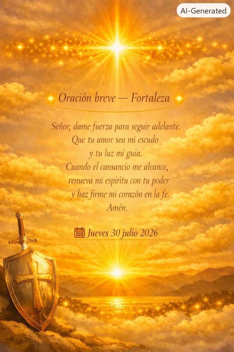 Adolfoufpp's tweet photo. Oración breve — Fortaleza ✨

Señor, dame fuerza para seguir adelante.
Que tu amor sea mi escudo
y tu luz mi guía.
Cuando el cansancio me alcance,
renueva mi espíritu con tu poder
y haz firme mi corazón en la fe.
Amén.

📅 Jueves 30 julio 2026
#oracionbreve https://t.co/nBhXilSqRA