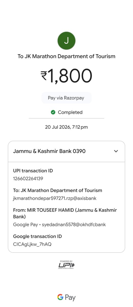 touseefwork's tweet photo. @JandKTourism Thank you for your response. However, I had already registered and successfully paid the registration fee of ₹1,800 on 20 July 2026. The payment was completed successfully, and the payment receipt, registration receipt, and transaction details are attached for your reference. https://t.co/EuQ4Gt0IC9