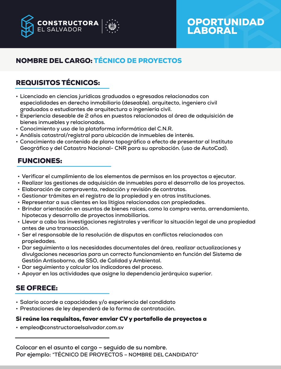 ConstructoraSV's tweet photo. 📢 ¡Estamos contratando!

Buscamos Técnico de Proyectos para integrarse a nuestro equipo y contribuir al desarrollo de importantes proyectos de infraestructura.

📩 Si cumples con el perfil, envía tu CV y portafolio al siguiente correo: 
empleo@constructoraelsalvador.com.sv https://t.co/pr8mgDlPUj