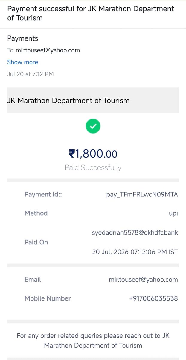 touseefwork's tweet photo. @JandKTourism Thank you for your response. However, I had already registered and successfully paid the registration fee of ₹1,800 on 20 July 2026. The payment was completed successfully, and the payment receipt, registration receipt, and transaction details are attached for your reference. https://t.co/EuQ4Gt0IC9