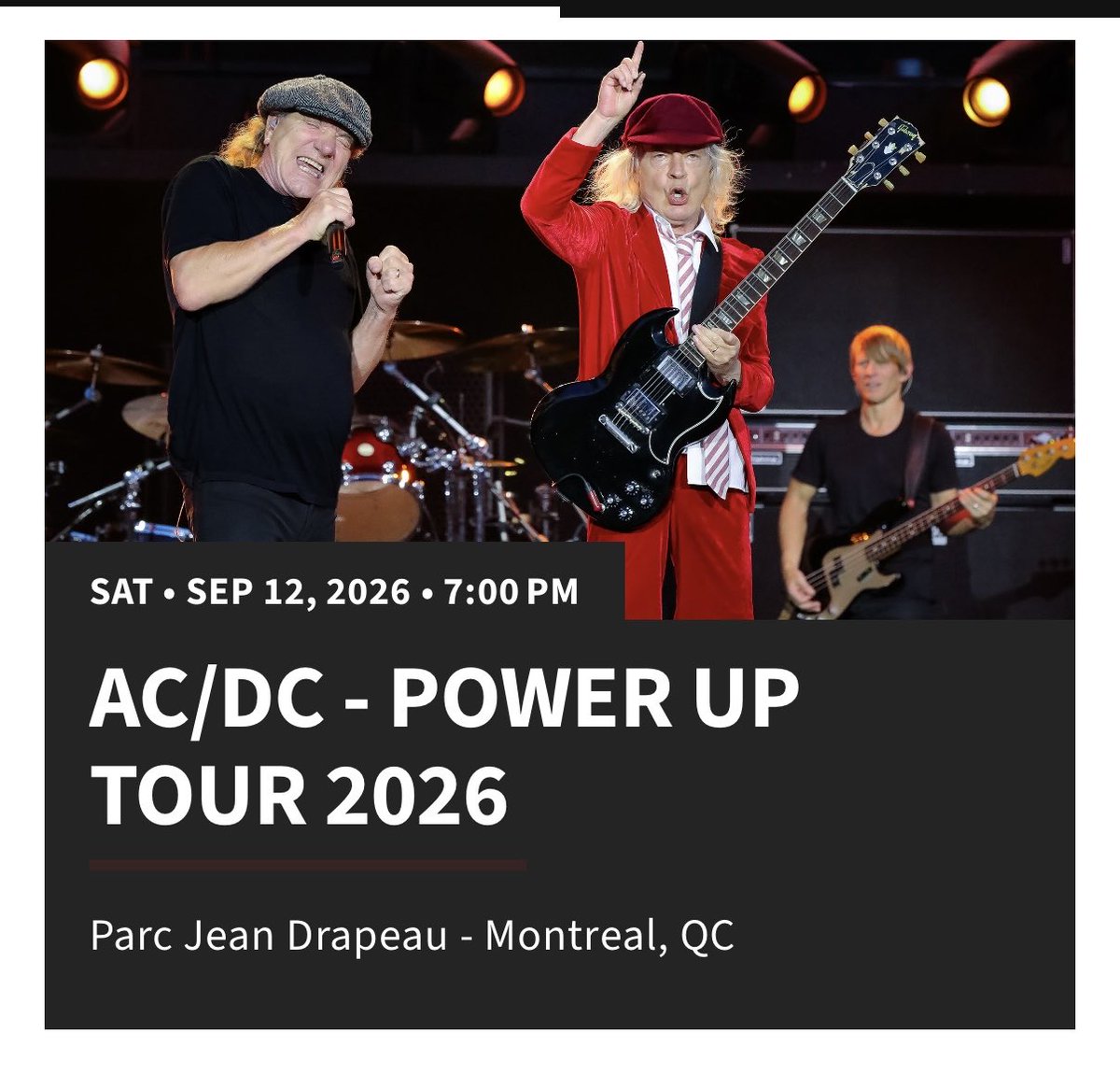 DebbieTracey5's tweet photo. 1 ticket available for what could be the AC/DC final tour. Show is Sat. Sept. 12 at 7 pm - General Admission; conflict with the date so I can no longer attend. 
I can transfer the ticket to you - $181 - contact me if interested. https://t.co/HWQ3tzD2TI
