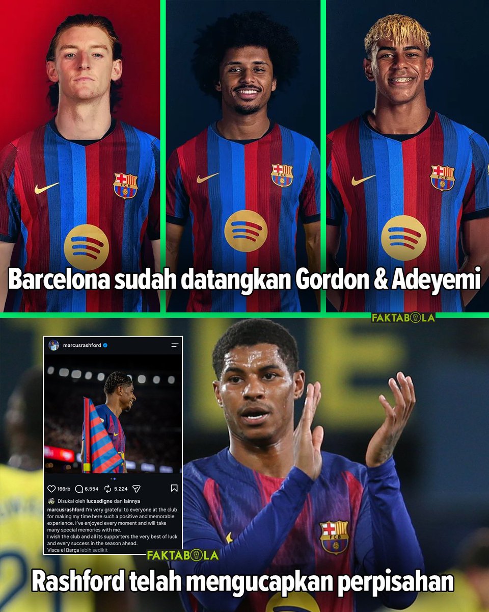 FaktaSepakbola's tweet photo. Lewat akun sosmed nya, Marcus Rashford baru saja ucapkan pesan perpisahan dan terima kasih nya untuk klub Barcelona.

Rashford: "Saya sangat berterima kasih kepada semua orang di klub ini karena telah menjadikan masa saya di sini sebagai pengalaman yang begitu positif dan tak terlupakan. Saya menikmati setiap momen, dan saya akan membawa banyak kenangan istimewa bersama saya."

"Saya mendoakan yang terbaik bagi klub ini beserta seluruh para pendukungnya, serta semoga meraih kesuksesan di musim yang akan datang."

"Visca el Barça!"