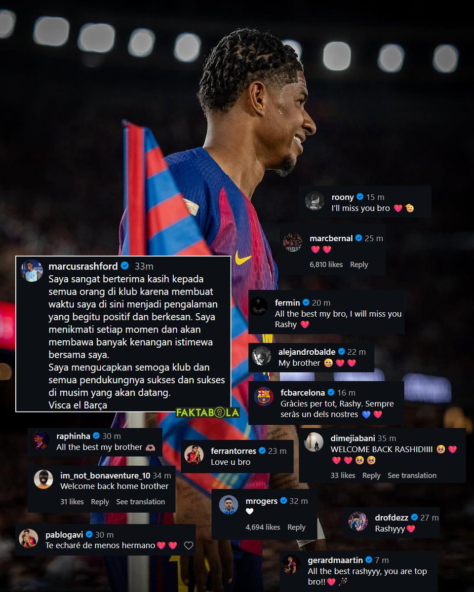 FaktaSepakbola's tweet photo. Lewat akun sosmed nya, Marcus Rashford baru saja ucapkan pesan perpisahan dan terima kasih nya untuk klub Barcelona.

Rashford: "Saya sangat berterima kasih kepada semua orang di klub ini karena telah menjadikan masa saya di sini sebagai pengalaman yang begitu positif dan tak terlupakan. Saya menikmati setiap momen, dan saya akan membawa banyak kenangan istimewa bersama saya."

"Saya mendoakan yang terbaik bagi klub ini beserta seluruh para pendukungnya, serta semoga meraih kesuksesan di musim yang akan datang."

"Visca el Barça!"