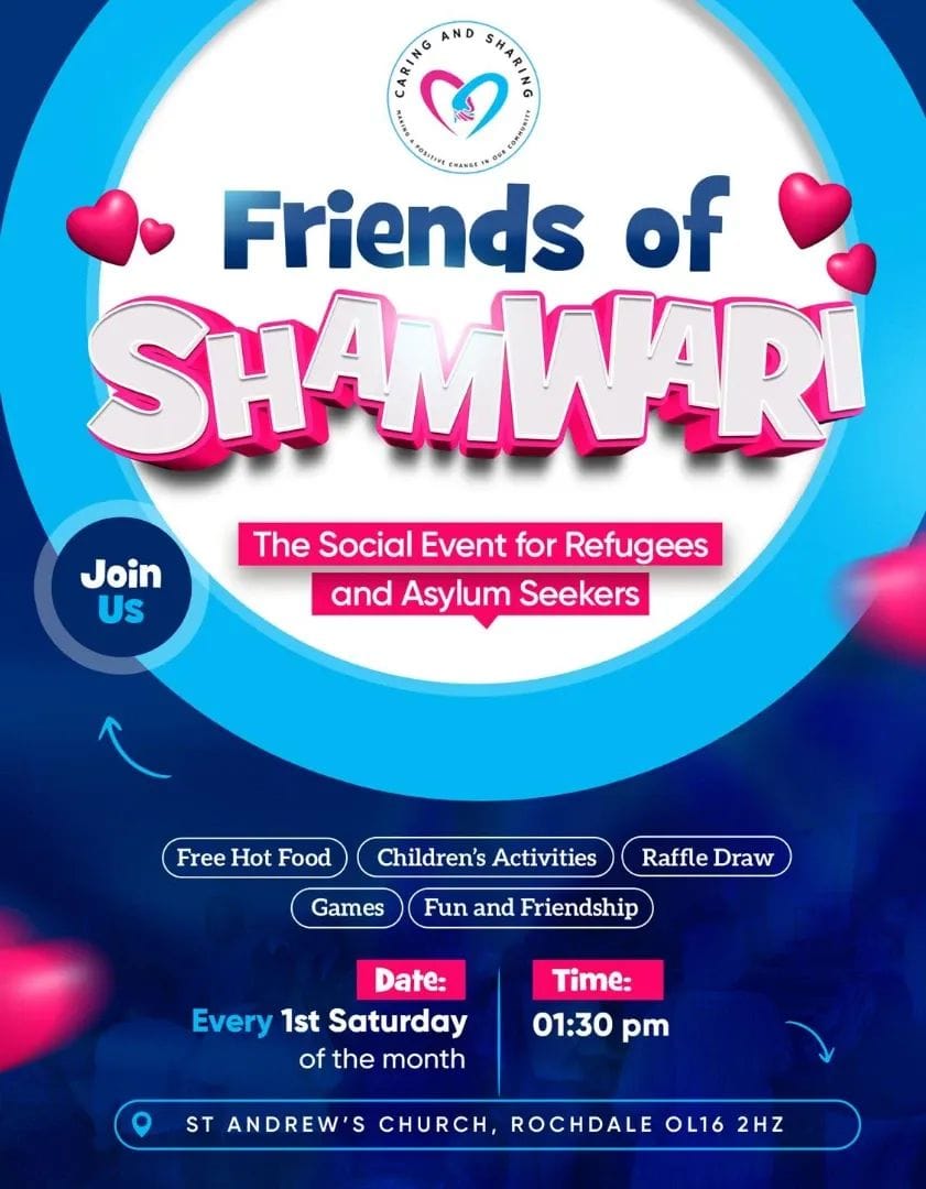CAS_rochdale's tweet photo. Friends of Shamwari returns this Saturday 💙
Join us for an afternoon of community, friendship, free hot food, games, children's activities, and a raffle draw.
Everyone is welcome!
#casrochdale #bamecommunity #friendsofshamwari #rochdalecommunity #communitytogetherness https://t.co/RCh5UPw2Xe