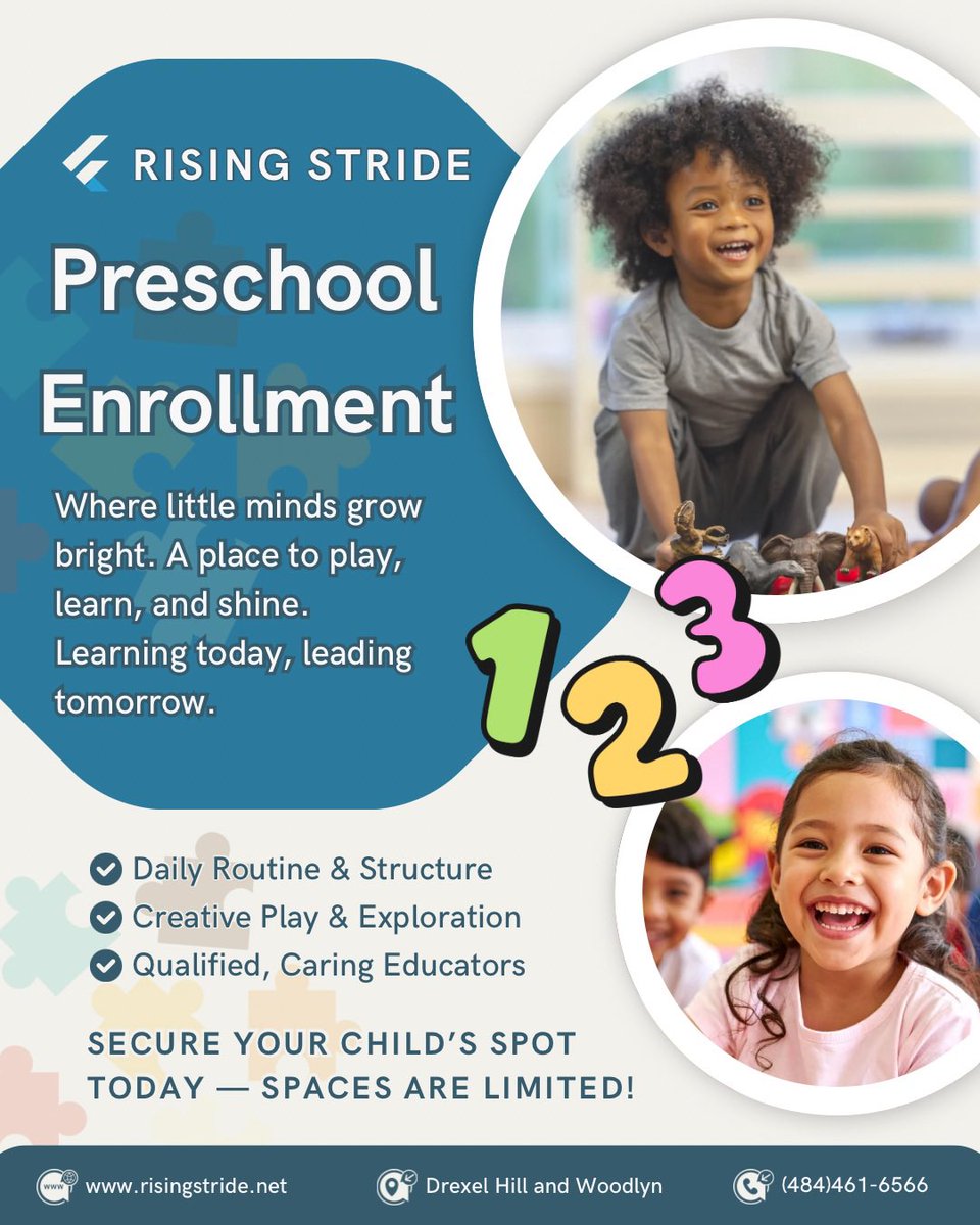 RisingStride's tweet photo. Big things happen in little steps! At Rising Stride Child Care Centers, we’re here to cheer on every hop, skip, and leap your child takes. Enrollment is open — come grow with us! https://t.co/8GB9p8T4aA
#risingstride 
#Childcare
#EnrollNow https://t.co/jbwf67U213