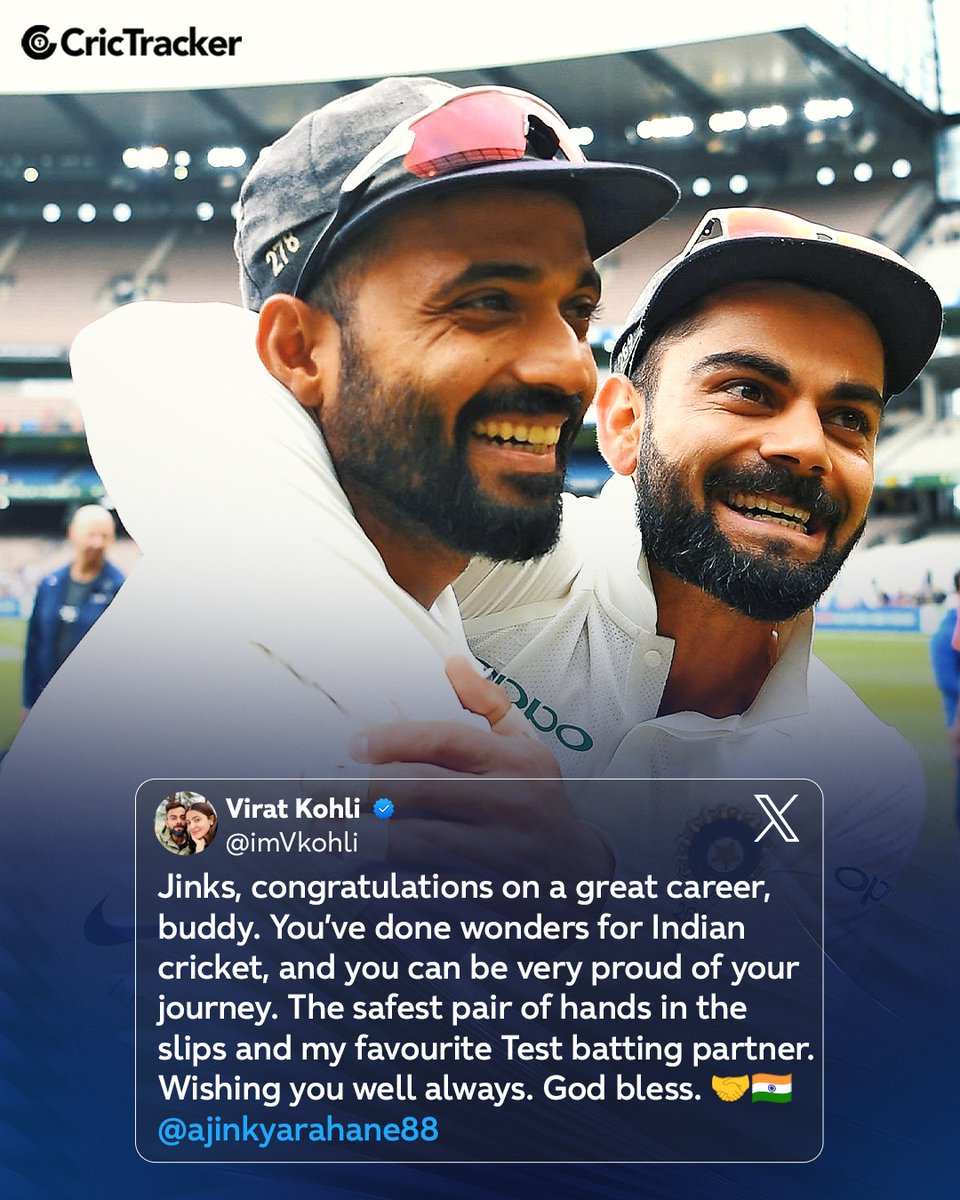 Cricketracker's tweet photo. Respect. Gratitude. Brotherhood. 🤝

Virat Kohli pens an emotional note for Ajinkya Rahane after his retirement.

#AjinkyaRahane | #ViratKohli | #Retirement https://t.co/v8mHsyvqSE