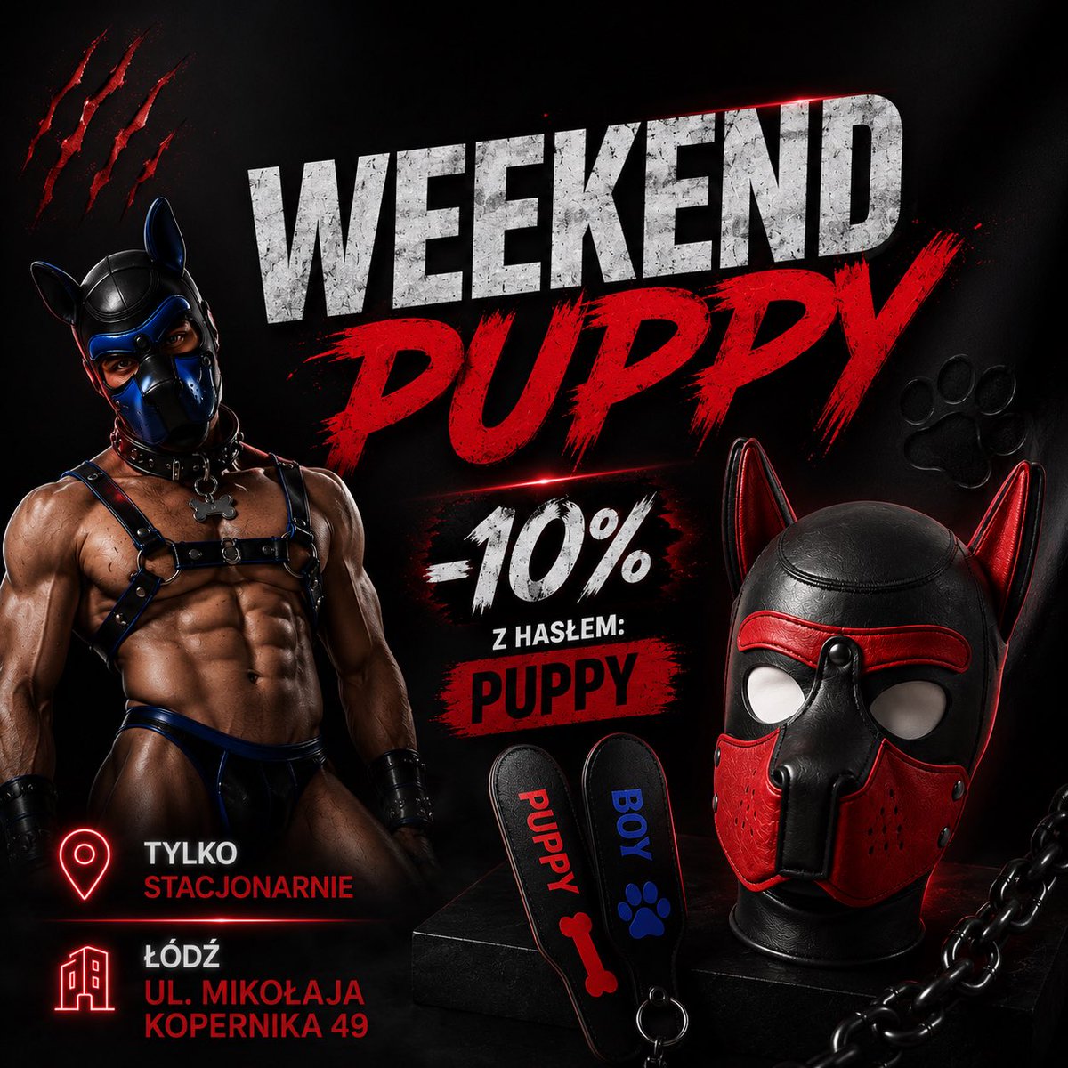 MasculoPl's tweet photo. WEEKEND PUPPY w Masculo Łódź! 
 
Tylko stacjonarnie -10% z hasłem PUPPY.

📍 Łódź, ul. Mikołaja Kopernika 49

Wpadnij po maski, akcesoria Puppy i wiele więcej! 🖤🐶 #masculo #shop #puppy #online https://t.co/RjWr7bXZcQ