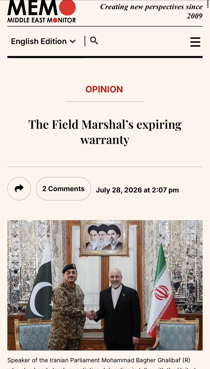 PTIofficial's tweet photo. "An insecure ruler exports usefulness."

In an article for Middle East Monitor @MiddleEastMnt , Junaid S. Ahmad breaks down how Pakistan's military chief, Field Marshal Asim Munir, is running out of options.

Facing deep unpopularity at home—marked by economic distress, severe political repression, and growing internal unrest—Munir has resorted to peddling military services and strategic favors to foreign patrons in a desperate bid to buy external legitimacy. 

But as Western media starts questioning his record, the piece highlights a harsh reality: foreign powers don't drop strongmen over human rights abuses, they drop them when their heavy-handed coercion fails to keep a country stable.

When a strongman becomes a liability rather than an asset, his foreign "warranty" rapidly expires.

Read the full article: https://t.co/ACgOGgj5cv