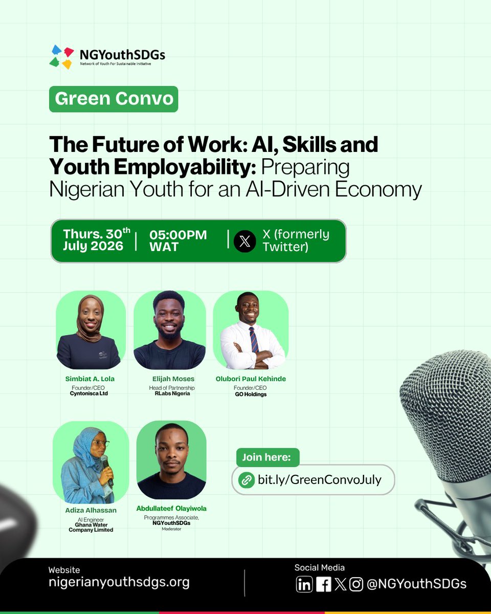 NGYouthSDGs's tweet photo. AI: threat to jobs or opportunity for the next generation?

Join us today for #GreenConvo as we explore AI, digital skills and the future of work.

5:00 PM WAT 
https://t.co/YYvIz6P5Rh

#AI #NGYouthSDGs https://t.co/CCsvSpC6em