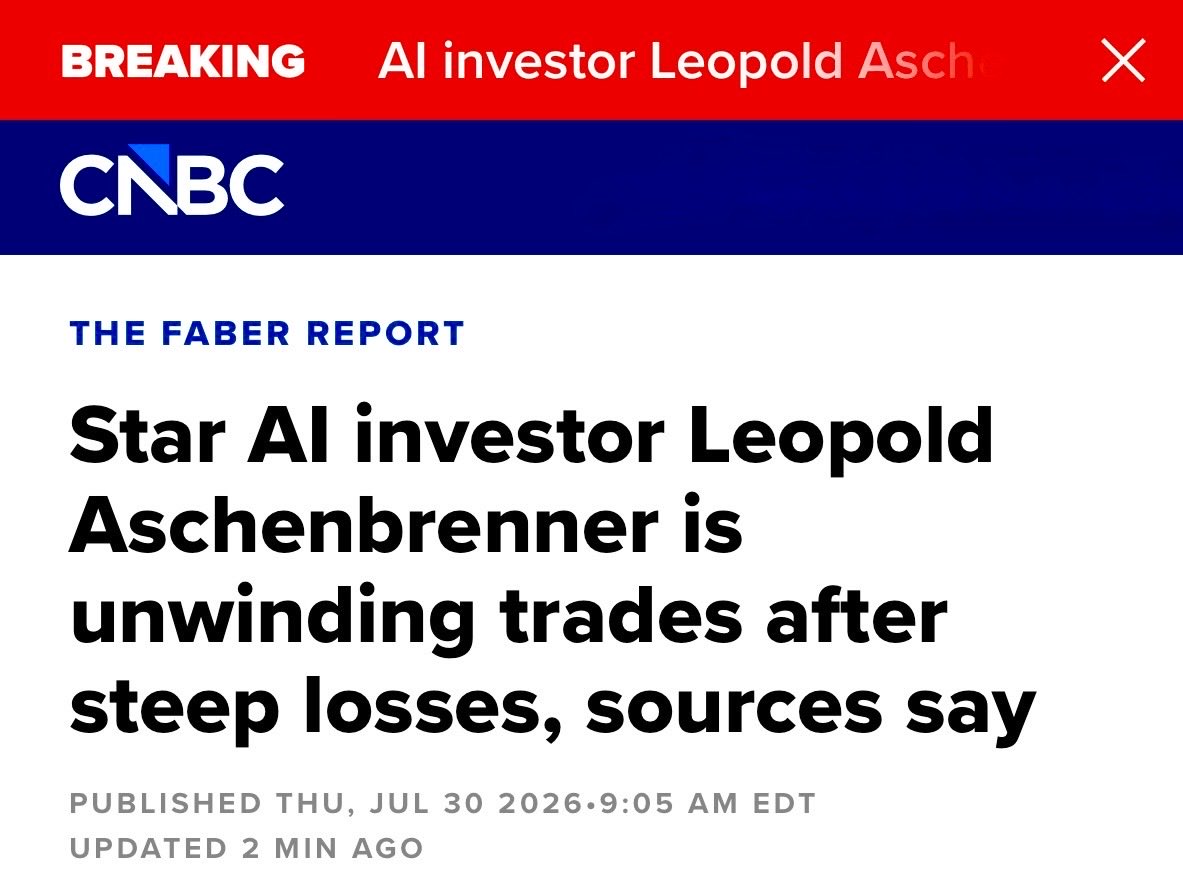 brewmarkets's tweet photo. Just In: Leopold Aschenbrenner’s hedge fund is unwinding trades and may be forced to liquidate assets, per CNBC. https://t.co/8Q3wiSlxK2