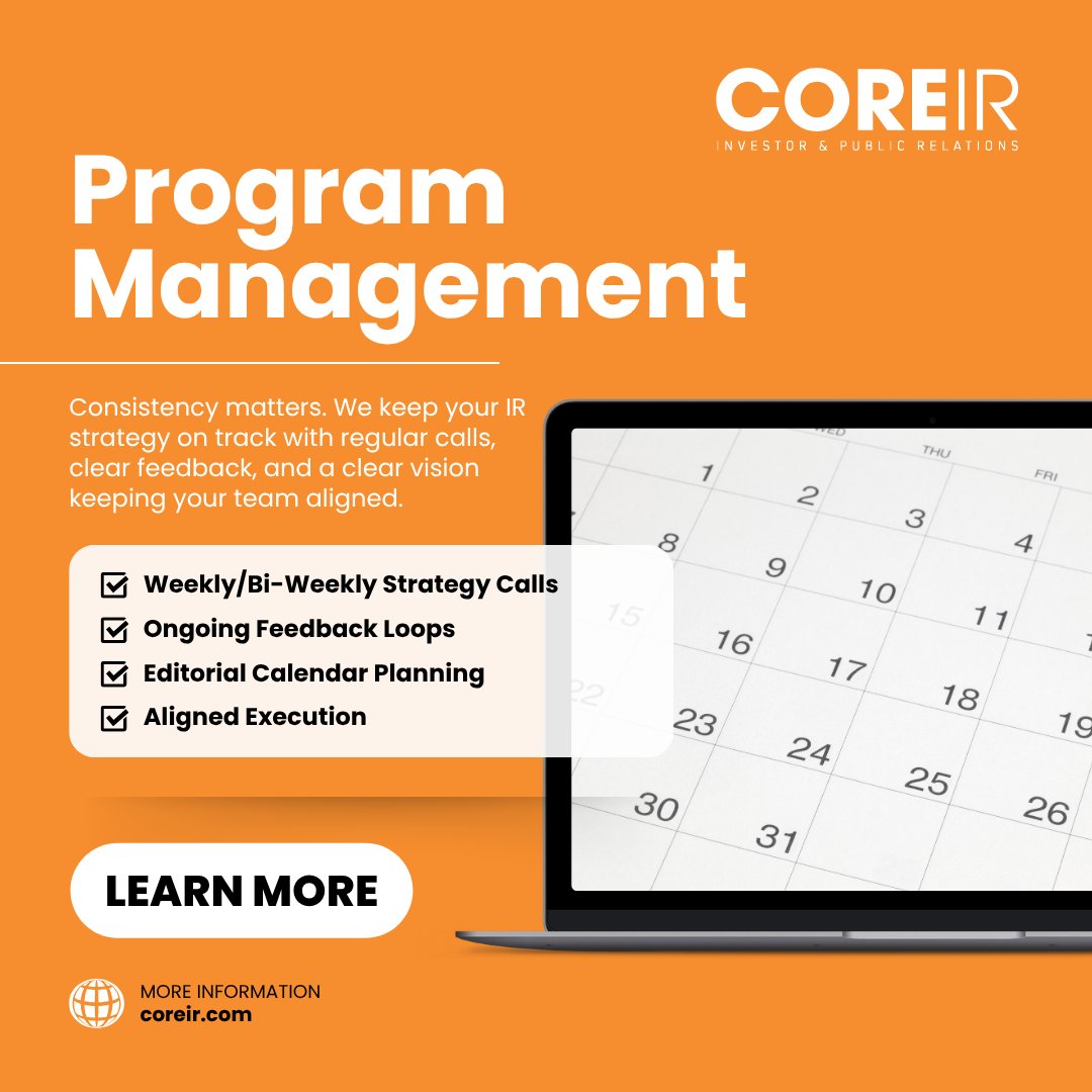 CoreIR_'s tweet photo. #CoreIR keeps your IR program on track with consistent, hands on management.
We hold regular strategy calls to review what’s working and map out what’s next; keeping your team aligned all year long.
🔗 https://t.co/PH7zn5M69k https://t.co/NuSp8hdsFz
