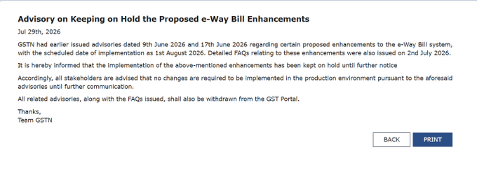 CanadaMoment's tweet photo. 🚨Big Breaking GST

The proposed e-Way Bill enhancements have been kept on hold until further notice.

✔️ No production changes required.
✔️ Earlier advisories &amp; FAQs to be withdrawn.

Businesses, ERPs &amp; GST professionals can continue with the existing process. https://t.co/fz53xCNU1i