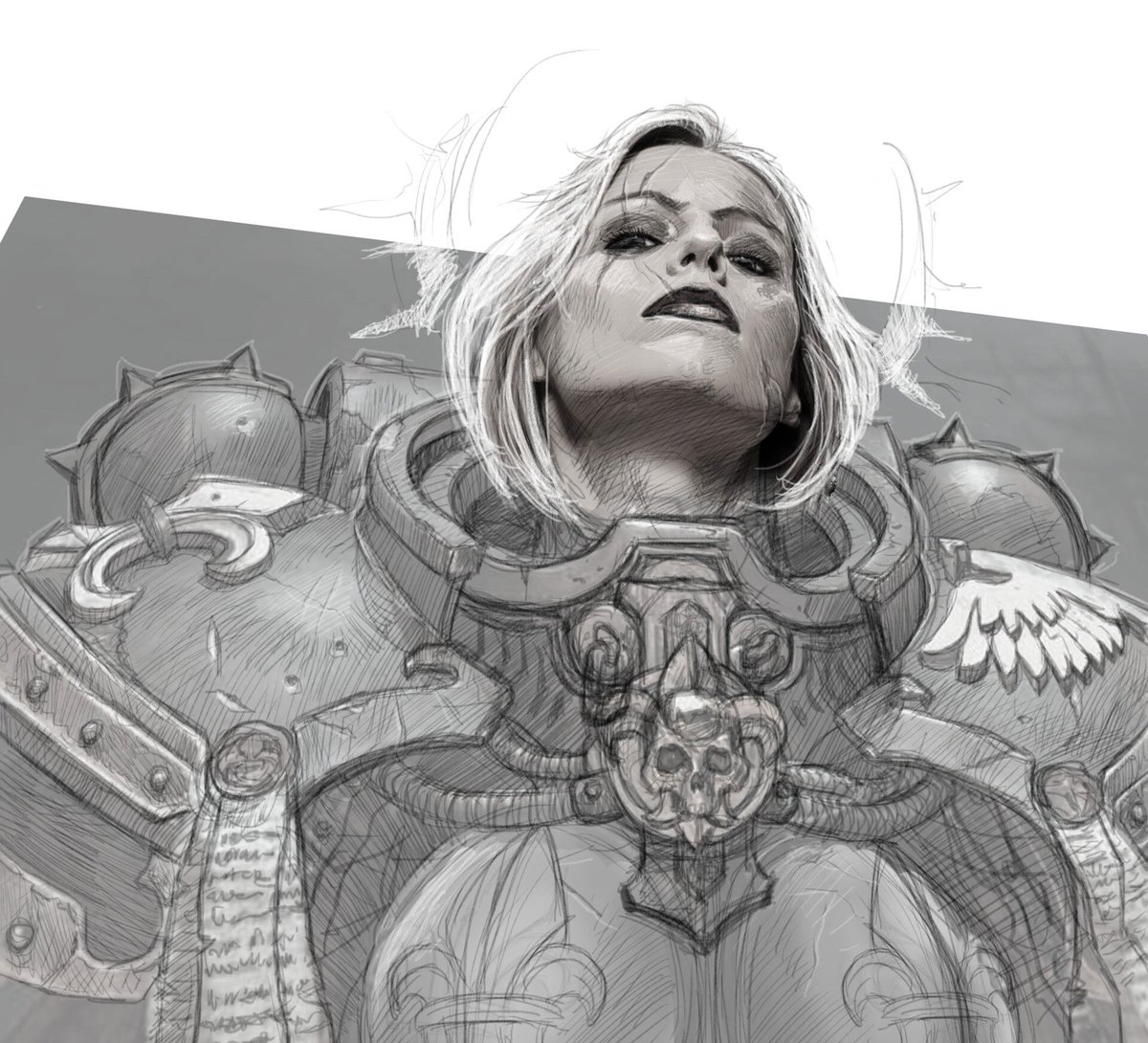 SisterDogmata's tweet photo. A really wonderful piece of Adepta Sororitas artwork by Paul Chapman of a Sister with a dominant look of judgement on her face! https://t.co/zVrMhzP81u