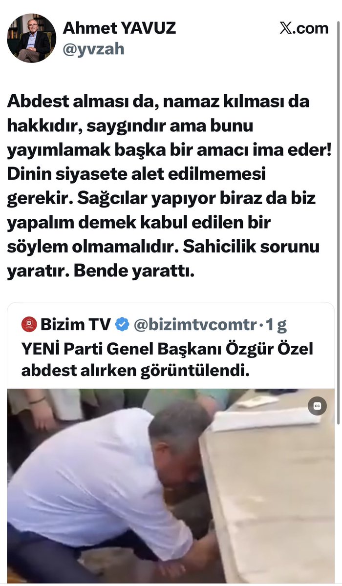 nedimsener2010's tweet photo. Bunlardaki “linç korkusu” Allah korkusundan büyük…
Linçden korkup abdest görüntüsünü partinin servis etmediğini açıklamak zorunda kalıyorlar. “Size ne ulan abdestimden namazımdan” diyecek yürek yok ki…. Görüntü olmasa, “aktaran yanlış görmüş sadece serinlemek için yüzümü ayaklarımı yıkadım” derdi, öyle bir korku yani. Muharrem İnce’ye ilan edilmiş cumhurbaşkanlığı adaylığını geri çektiren korku…