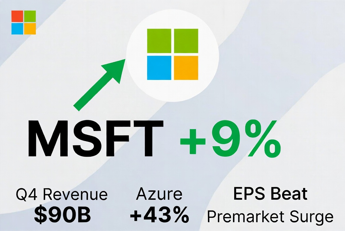 Beadsindream's tweet photo. $MSFT surges ~8-9% in premarket (around $423–426 vs prior close $390.54) after strong Q4 results.

Revenue $90B (+18%), adjusted EPS $4.74 — both beat estimates. Azure growth accelerated to 43%; full-year Azure revenue crossed $100B for the first time. Commercial remaining performance obligations jumped to $678B. Capex guidance (after accounting adjustment) came in more disciplined than feared, easing AI spending concerns.

Near-term sentiment driven by growth delivery + controlled investment. Cloud & AI commercialization remains the key thesis. Watch opening volume and broader tech reaction.

#MSFT #Microsoft #Azure #Earnings