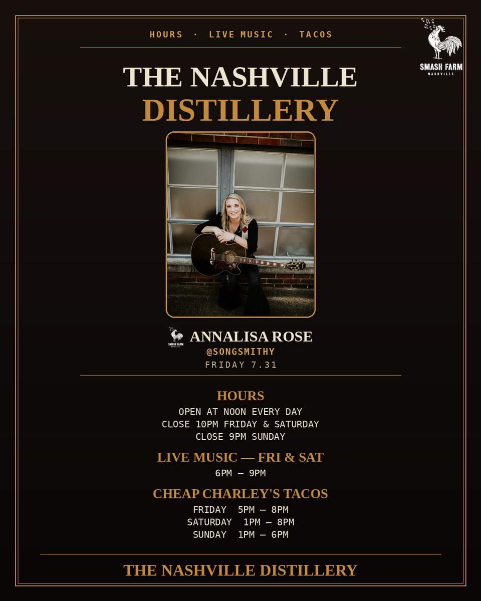 NashDistillery's tweet photo. Music is the heartbeat of this town, and we’re proud to host the voices that move us. 

🎸 Friday 7/31 Annalisa Rose 6-9PM
📍The Nashville Distillery 4105 Whites Creek Pike
Just 10 Minutes from Lower Broadway!

Come pull up a chair, enjoy the rhythm, and Pour with  Honor.  Drink with Purpose. 🎶🇺🇸 #TheNashvilleDistillery #NashvilleLive