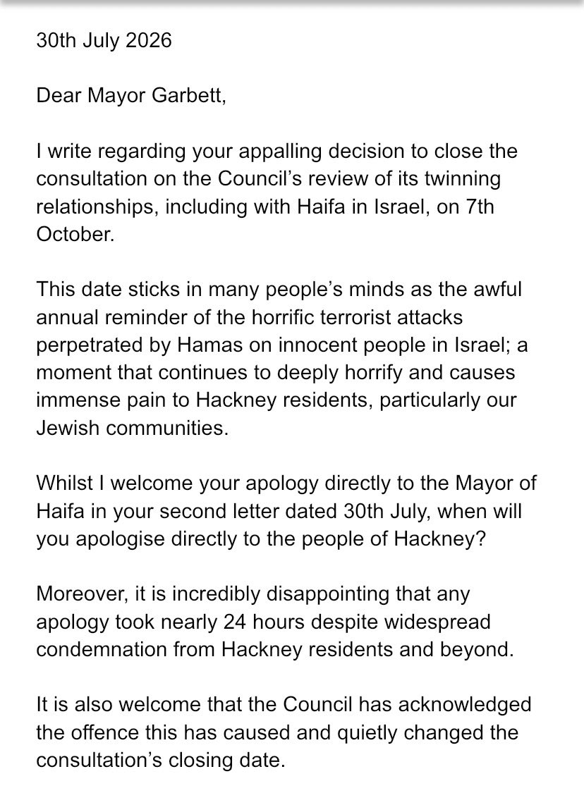 benlucas94's tweet photo. Mayor Garbett’s direct but belated apology to her counterpart in Haifa is welcome. It was the least she could do. 

But when will she apologise to the people of Hackney for the hurt she has caused?

A full investigation must be launched on how this ever happened. My letter👇 https://t.co/kiGVb5fZC7