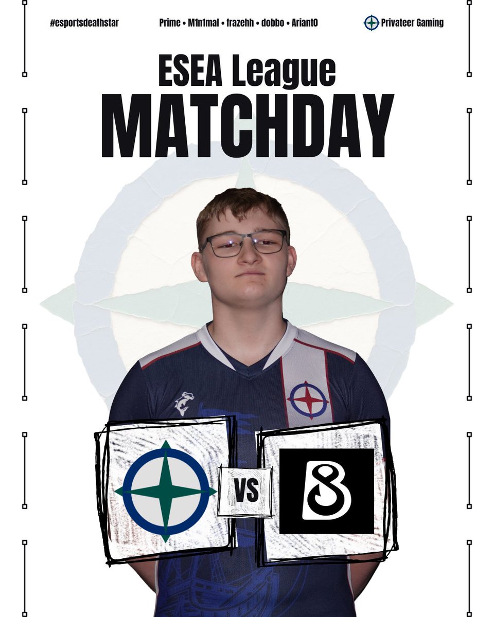 PrivateerGam1ng's tweet photo. ⚔️ MATCHDAY ⚔️

vs @B8esportsGG — 18:00 BST

The other team should get ready cuz we're about to eat this match up

Come support the match live with @PunchyyMP and @arno3K  at
🔴 https://t.co/68PYtBOBw8

#PrivateerGaming #esportdeathstar #CS2 #ESEA #PTGWIN https://t.co/pltRy6E8pC