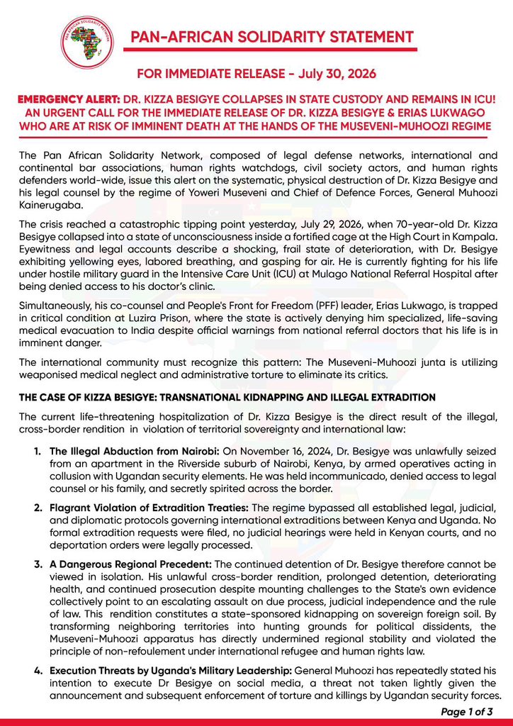 MariaSTsehai's tweet photo. ‼️🚨EMERGENCY ALERT‼️
The Pan African Solidarity Network, composed of legal defense networks, international and continental bar associations, human rights watchdogs, civil society actors, and human rights defenders world-wide, issue this alert on the systematic, physical destruction of Dr. Kizza Besigye and his legal counsel by the regime of Yower Museven and Chief of Defence Forces, General Muhoozi Kainerugaba.
#SaveKizzaBesigye #SaveEriasLukwago #FreeAllPoliticalPrisonersUg