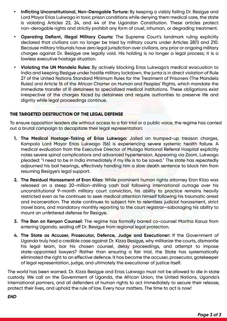 MariaSTsehai's tweet photo. ‼️🚨EMERGENCY ALERT‼️
The Pan African Solidarity Network, composed of legal defense networks, international and continental bar associations, human rights watchdogs, civil society actors, and human rights defenders world-wide, issue this alert on the systematic, physical destruction of Dr. Kizza Besigye and his legal counsel by the regime of Yower Museven and Chief of Defence Forces, General Muhoozi Kainerugaba.
#SaveKizzaBesigye #SaveEriasLukwago #FreeAllPoliticalPrisonersUg