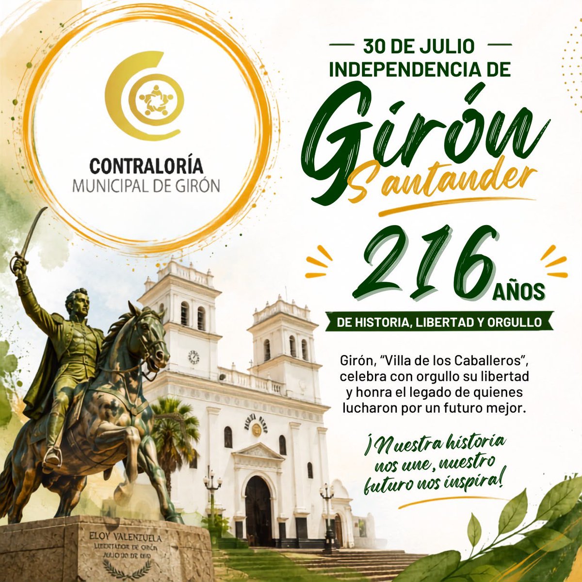 ContraloriaGrn's tweet photo. Orgullosos de nuestro pasado, ilusionados con nuestro futuro. ✨ ¡Feliz 216º Aniversario, Girón, Santander! #IndependenciaDeGiron #GironEstáDeFiesta #Girón https://t.co/aADOEfE2IE