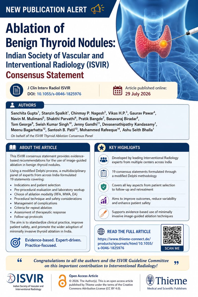 RadiologyRecon's tweet photo. 📷 New Publication Alert
Pleased to share our latest publication: Ablation of Benign Thyroid Nodules: Indian Society of Vascular and Interventional Radiology (ISVIR) Consensus Statement

https://t.co/EzvVqdKlmz 
#ISVIR #InterventionalRadiology #ThyroidAblation https://t.co/0SifHFE7ts