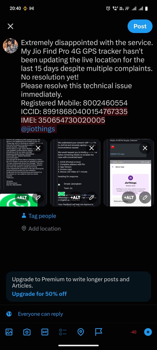 aynmrg's tweet photo. Extremely disappointed with the service. My Jio Find Pro 4G GPS tracker
Please resolve this technical issue immediately.
ICCID: 89918680400154767335
Registered Mobile: 8002460554
IMEI: 350654730020005
@jiothings https://t.co/5VgqlxuAcE