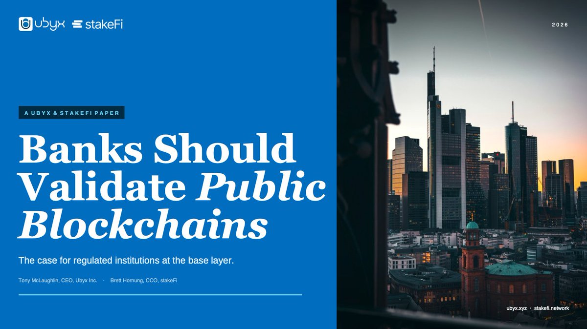 ubyx_'s tweet photo. Banks Should Validate Public Blockchains. Not just a statement, but the title of our latest paper, co-authored by our CEO Tony McLaughlin and Brett Hornung, CCO of @stakeFi_network.

We explain why institutions should operate as validators at the base layer.

🧵 for full paper. https://t.co/C8vNldlCCf