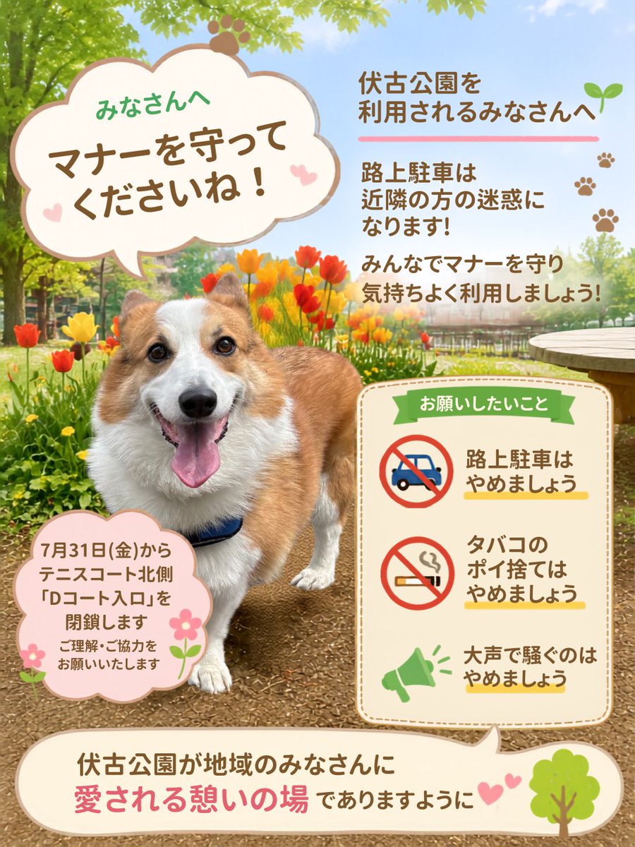 KitanoNgroup's tweet photo. こんにちは🐶🍀
ナビゲーターの「ふわ」です。

「#令和8年熊本地震」の被害状況に、
心が痛みます。

余震もまだ続いているようですね…。
これ以上、被害が広がらないことを
心から祈っています🙏

被災された皆さまへ、
心よりお見舞い申し上げます。

このような大きな災害が起きた時、

列を守ること🚶‍➡️🚶‍♀️‍➡️
譲り合うこと🤝
静かに支え合うこと💕

そんな日本人のマナーや秩序ある行動は、
世界からも高く評価されているそうです🌏✨

日本人として、とても誇らしく感じます😊

��も…
どうか無理はしないでくださいね🍀

みんなで力を合わせて、
被災地の皆さまを応援していきましょう📣✨

━━━━━━━━━━━━━━

🐶ここからは、
#伏古公園をご利用の皆さまへのお願い です。

#路上駐車 は、
近隣にお住まいの方々のご迷惑となります🚗💦

最近、#迷惑駐車 が問題となっています。

そのため、
📢7月31日（金）から
#テニスコート北側「#Dコート入口」を
閉鎖することになりました。

皆さまのご理解とご協力を
よろしくお願いいたします🙇‍♂️🙇‍♀️

🐶#ふわからもお願い します✨

🚗 路上駐車はやめましょう
🚭 タバコのポイ捨てはやめましょう
📢 大声で騒ぐのはやめましょう

マナーを守って、
近隣の皆さまへの思いやりを
大切にしていただけるとうれしいです😊

伏古公園が���これからも地域の皆さまに
愛される憩いの場でありますように🌳💚

北のふるさとNグループのホームページはこちら🐶
https://t.co/eKPsDea8ow

#北のふるさとNグループ #美香保公園 #伏古公園 #丘珠空港緑地 #東区 #公園