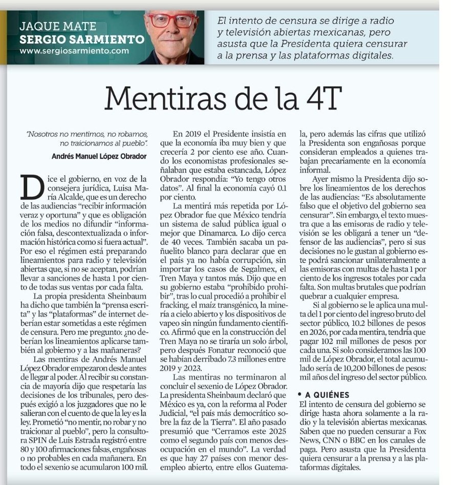 Melissa_Bely's tweet photo. No dejen de leer a Sergio Sarmiento.
@SergioSarmiento 

"Las mentiras de la 4T"

En cada mañanera López Obrador decía entre 80 y 100 mentiras.

Creo que hoy, Claudia Sheinbaum ya lo superó.

👇 https://t.co/NqzDoEKpsC