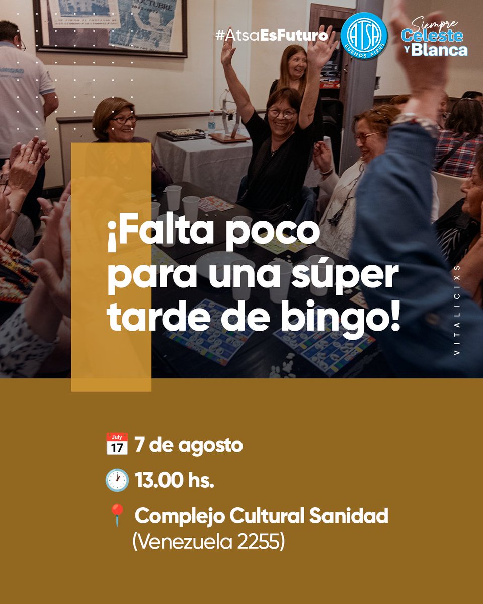 AtsaBsAs's tweet photo. 🎲 ¡Falta poco para la jornada de bingo!

Compa, el próximo 7 de agosto lxs compañerxs de Vitalicixs te esperan para compartir una tarde de encuentro y diversión. 💙

📞 Anotate llamando al 4959-7100 | Int. 7312.
¡Lxs esperamos! 😄 https://t.co/lNd3xO431D