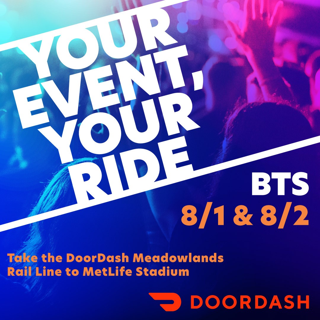 NJTRANSIT's tweet photo. 🎤 Heading to see @BTS_bighit at @MetLifeStadium on August 1 & 2? Let NJ TRANSIT take you there! 💜🚆

Travel to the concert on the DoorDash Meadowlands Rail Line for a safe, convenient ride to and from the show.

🎟️ Here's what to know:
• Purchase your train ticket before boarding.
• Show your valid train ticket to receive a wristband at Secaucus Junction before heading to the stadium.
• Wristbands will be available for purchase following the concert near Meadowlands Station
• Keep your wristband on—it will serve as your proof of fare for your return trip after the concert.

Plan ahead, ride with NJ TRANSIT, and enjoy the show! 💜🎶

Learn more at https://t.co/BDHQ0g2QiB

#BTS #BTSMetLife #BTSARMY #BTSWorldTour #KPop
