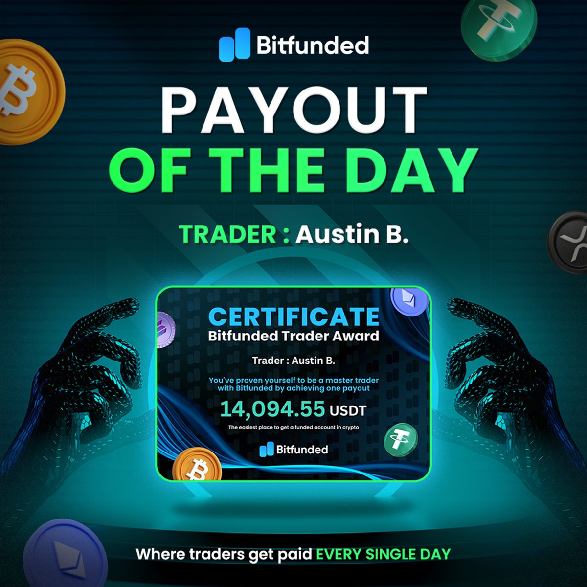 bitfunded's tweet photo. 💸 PAYOUT OF THE DAY 💸

Another day, another successful payout. Congratulations to Austin B. on securing 14,094.55 USDT! 🎉

Consistency, patience, and disciplined trading continue to deliver outstanding results.

Your next payout could be just one trade away. 🚀💙 https://t.co/Gvxy2W2NcF