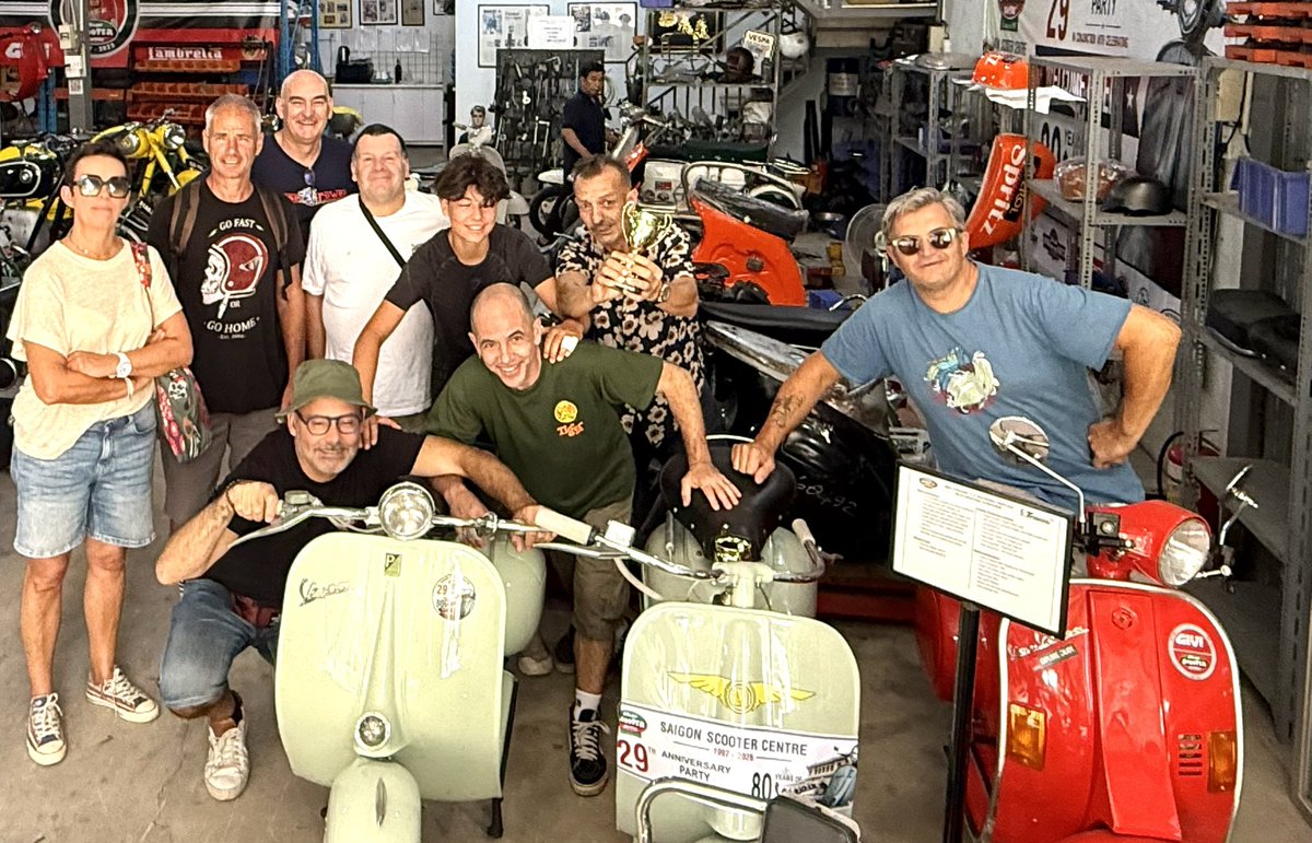 SSCvietnam's tweet photo. A great introduction to Vietnam today with the Casa France team! 🇫🇷 No first day is complete without a visit to SSC for a workshop tour, plenty of scooter talk, and of course an abundance of great food and a few cold beers to round off the day #SSCTours https://t.co/FYQTY5WwYu
