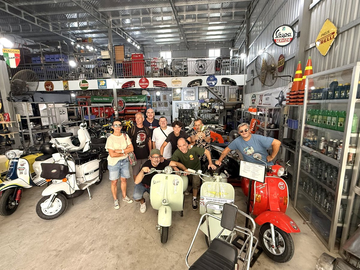 SSCvietnam's tweet photo. A great introduction to Vietnam today with the Casa France team! 🇫🇷 No first day is complete without a visit to SSC for a workshop tour, plenty of scooter talk, and of course an abundance of great food and a few cold beers to round off the day #SSCTours https://t.co/FYQTY5WwYu