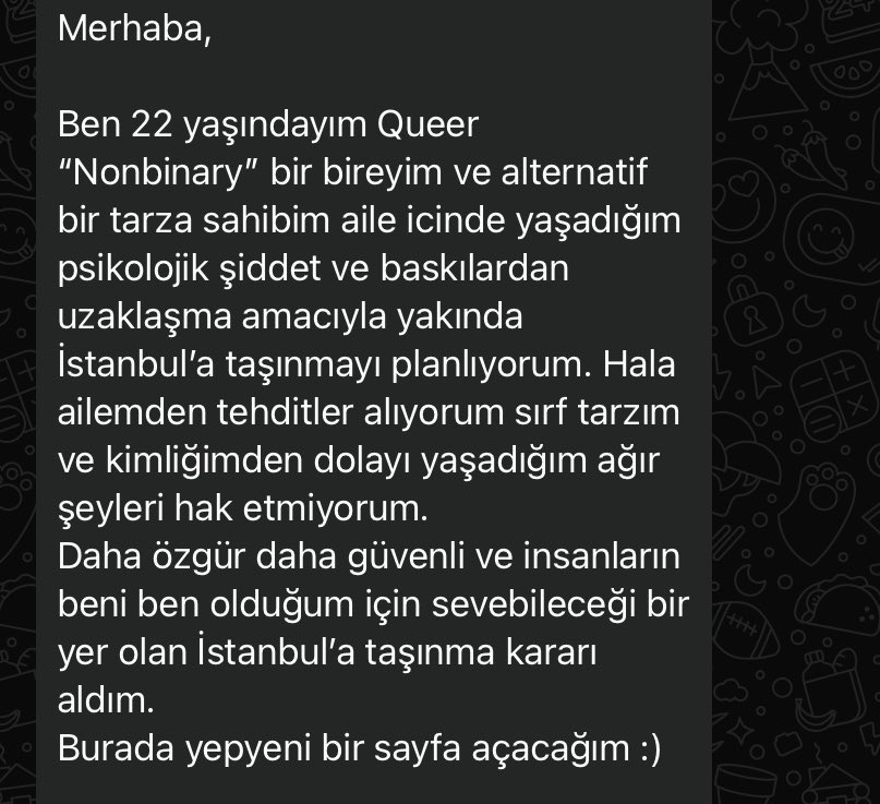 sssudeliii's tweet photo. SELAM DOSTLAR nonbinary arkadaşımız ailesinden aldığı ölüm tehditleri ve kimliği sebebiyle yaşadığı sorunlar nedeniyle İstanbul’da kalacak yer ve iş arıyor iletişim instagram tnxdrax

https://t.co/9dEmfnoLha https://t.co/zsKNoMVaFI