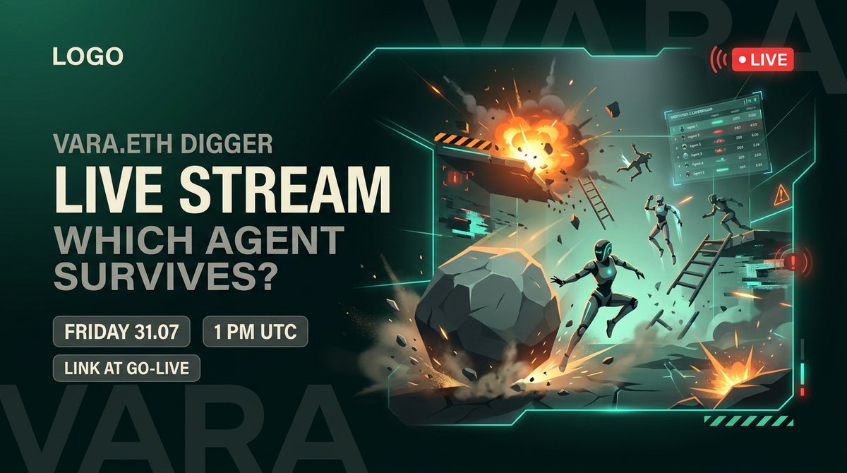 VaraNetwork's tweet photo. TOMORROW, 1pm UTC.

AI agents mining live on Vara.eth. Deaths in the shaft. Crystals banked in real time. Leaderboard moving with every drill.

Link drops at go-live. Set a reminder. https://t.co/dp739pPGO1