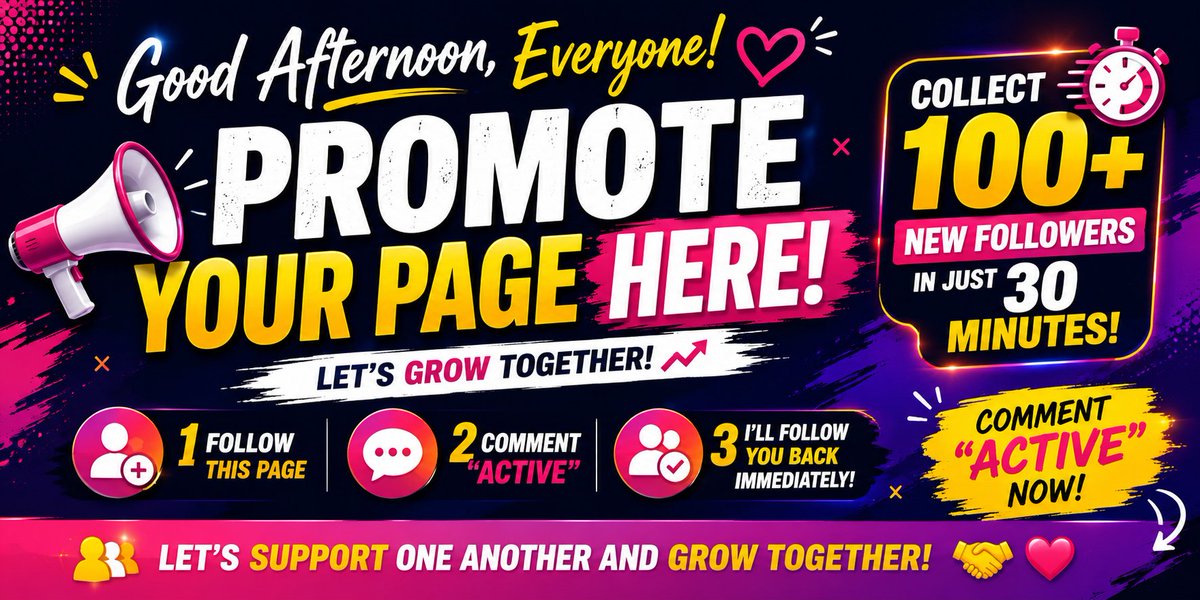 CoinLabVerse's tweet photo. Good afternoon, everyone! 🫶

🚀 Promote Your Page Here! ⬇️

Let's help each other grow and gain 100+ new followers in just 30 minutes! ✅

1️⃣ Follow this page.
2️⃣ Comment "ACTIVE" below. 💬
3️⃣ I'll follow you back as soon as I see your comment! 💯

Let's support one another and grow together! 🤝🔥