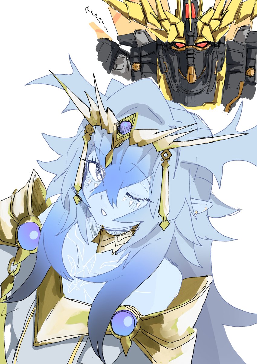 hon_hachi's tweet photo. これはバンシィの角ってインパルスの霊姫ちゃんの角に似てそうだな～って並べてみたら全然似てなくて時間返してほしいな…って思いながらかいてたらくがき https://t.co/4uxmS8hsxd