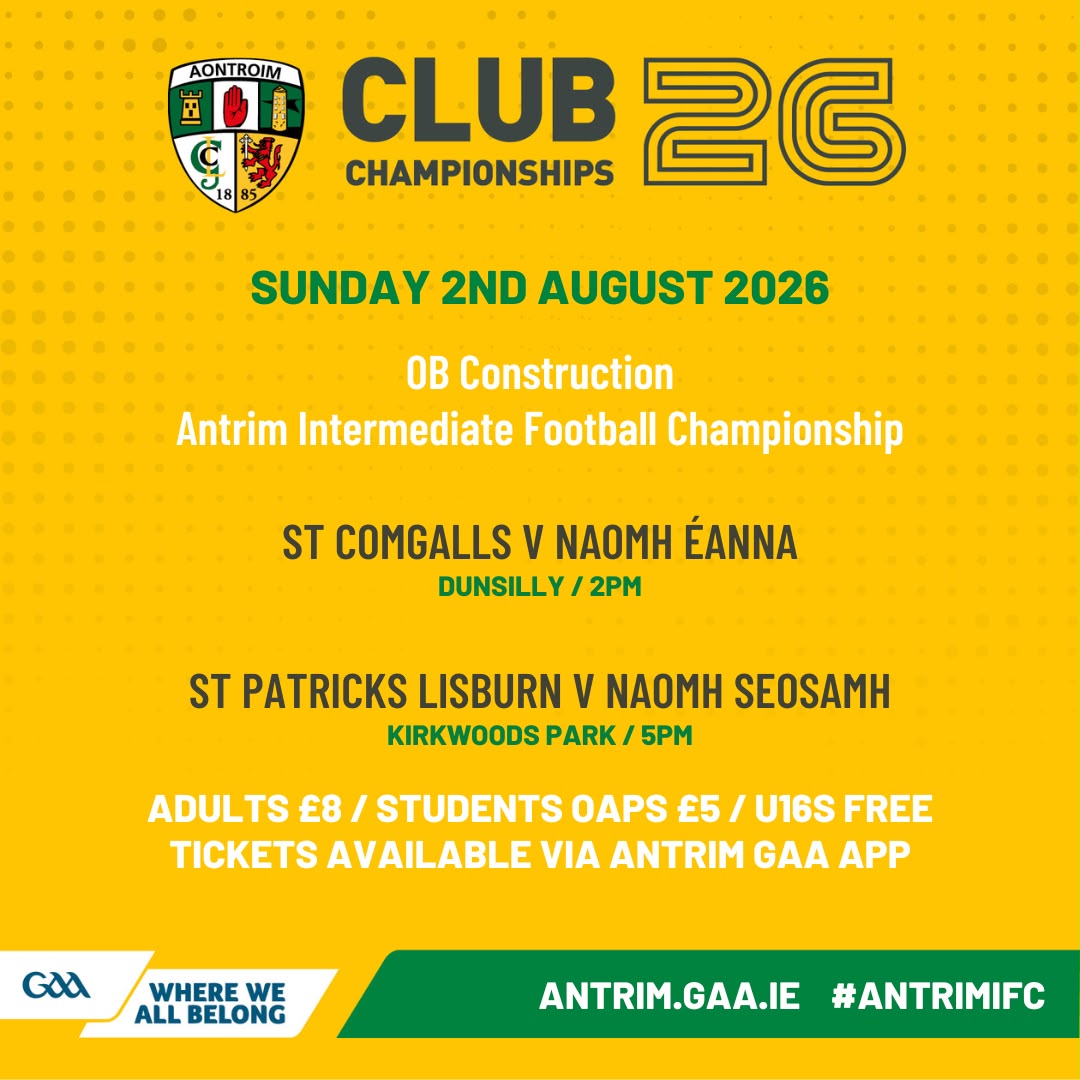 AontroimGAA's tweet photo. We have four Championship games on Sunday

We have two OB Construction IFC games &amp; two games in the McKeever Hotel Group IHC.

Tickets are available now via the Antrim GAA App https://t.co/bPX90JjHKl