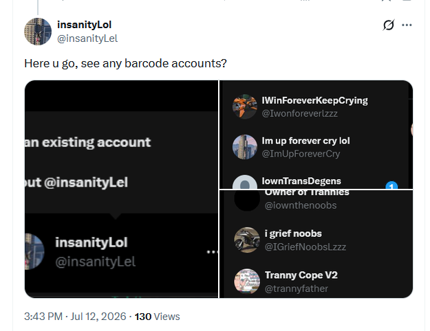 InsanityCopes's tweet photo. Insanity has bad habit of hiding behind absurd amount of alt accounts, showing how scared he is and ashamed of his own behaviour. https://t.co/zP4Z32lOI3