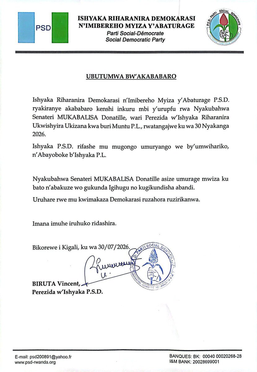 PSD_RW's tweet photo. Ishyaka P.S.D. ribabajwe cyane n'urupfu rwa Nyakubahwa Senateri Mukabalisa Donatille kandi ryihanganishije umuryango we, inshuti ze n' Abayoboke b'Ishyaka @PL_Rwanda.

Imana Imuhe iruhuko ridashira. https://t.co/EqL4UmkuAy