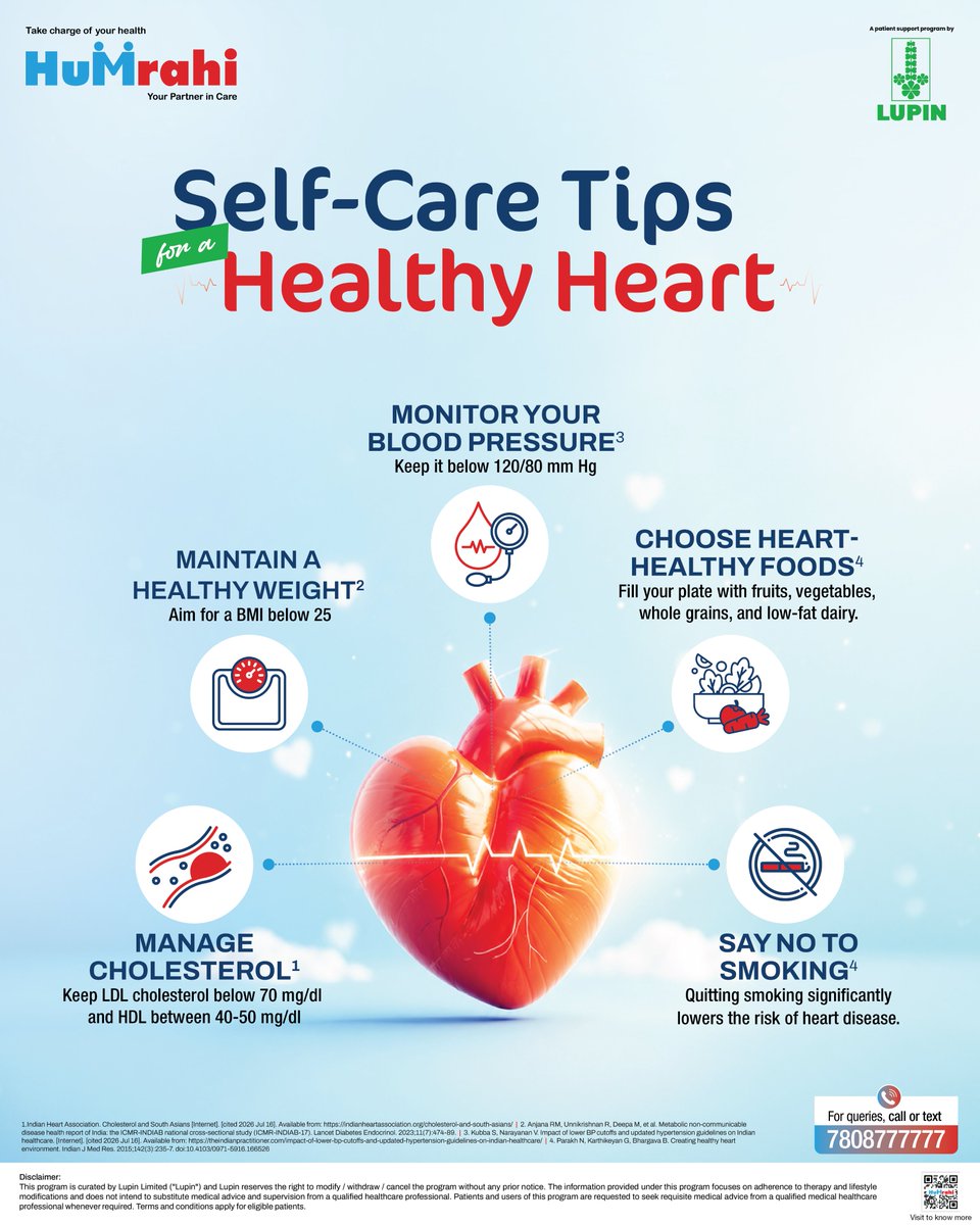 HumrahiCare's tweet photo. Your daily habits shape your heart health.❤️

Eat well, stay active, monitor your blood pressure, and avoid smoking to keep your heart healthy.

🩺With Humrahi, your partner in care.🤝

🔗Website or app – Link in bio
📞7808777777

#Humrahi #HumrahiYourPartnerInCare #LupinCare https://t.co/9EuCTur7MJ