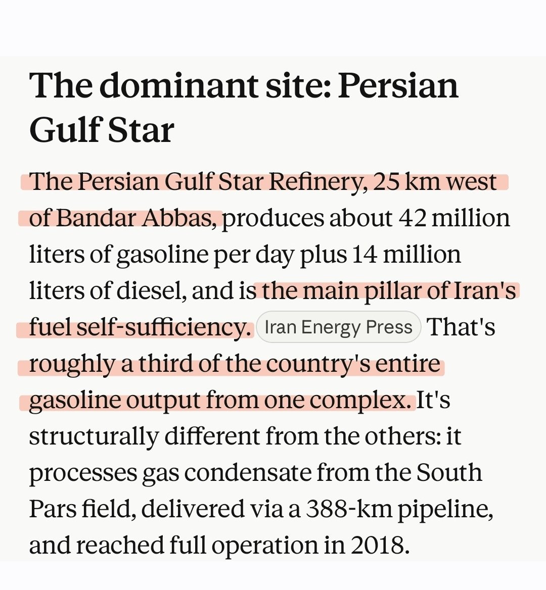 DrEliDavid's tweet photo. President Trump doesn't need to bombard dozens of sites in Iran. A single facility, "The Persian Gulf Star" refinery, produces a third of Iran's entire gasoline output 👀
_ https://t.co/yWIoK29ybX