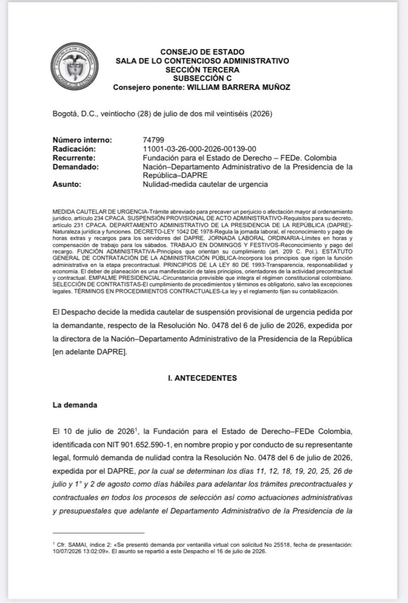 UltimaHoraCR's tweet photo. #ATENCIÓN El Consejo de Estado suspendió de manera provisional y urgente la resolución del DAPRE que había declarado hábiles varios sábados, domingos y festivos entre el 11 de julio y el 2 de agosto para adelantar procesos de contratación y actuaciones administrativas.  
@Hivanparra20

https://t.co/woHMRjVE2M