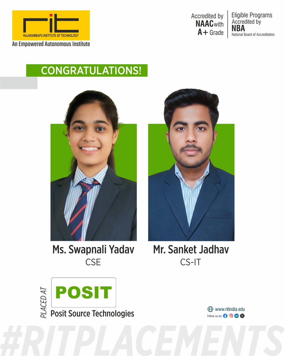 ritindia1983's tweet photo. 🎉 Placement Achievement! 🎉
Heartiest congratulations to our two talented students on securing placements at Posit Source Technologies!
#RIT #PlacementSuccess #CampusPlacement #PositSourceTechnologies #CareerAchievement #CSE #CSIT https://t.co/5AKAneKKG0
