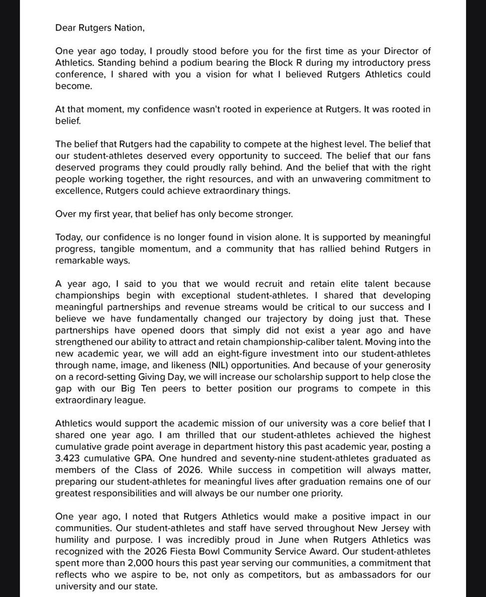 briannnnf's tweet photo. Rutgers AD Keli Zinn sent out a letter to Rutgers fans this morning, the anniversary of her hiring: https://t.co/pcFkLuNuXl